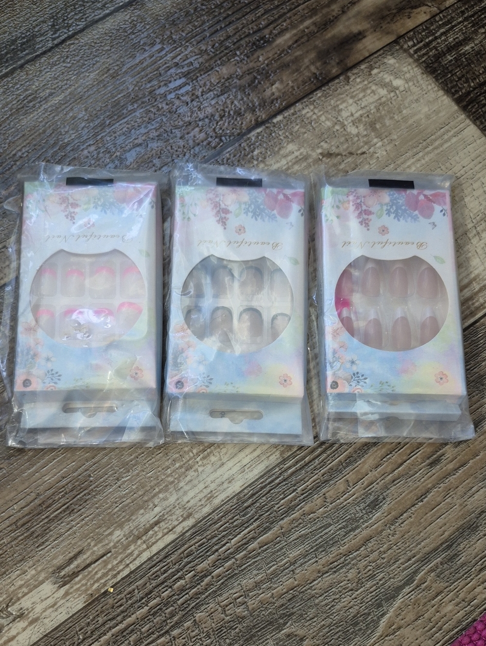 French Manicure Nail Set of 3 Press On Nail Packs Blue White Pink French Tips